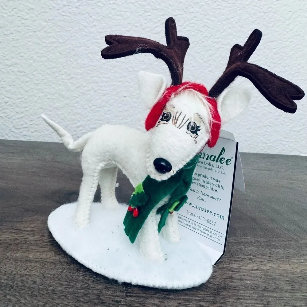 Annalee Christmas Holiday Reindeer Pup White Dog Figurine
